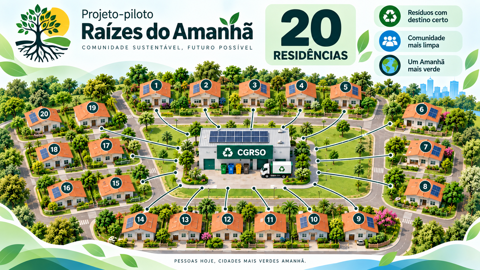 Ilustração conceitual da rede de residências conectadas ao CGRSO, com a identidade visual Raízes do Amanhã